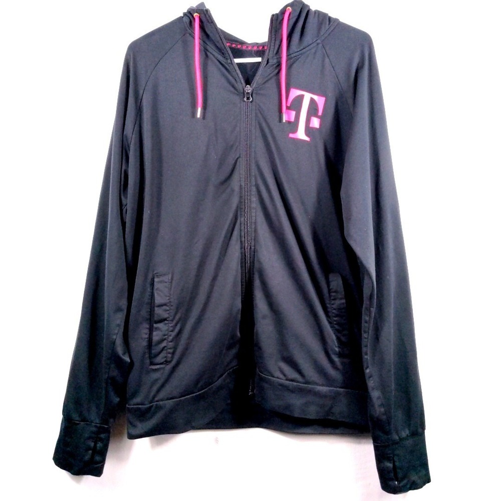 T-Mobile Womens Medium Full Zip Hoodie Polyester Black Magenta Thumbhole Logo - Picture 3 of 11